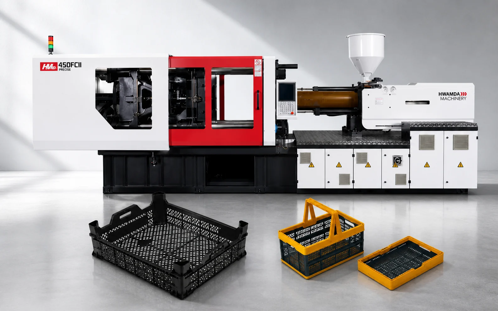 HWAMDA HMD450FCII injection molding machine with representative fruit crate and basket products