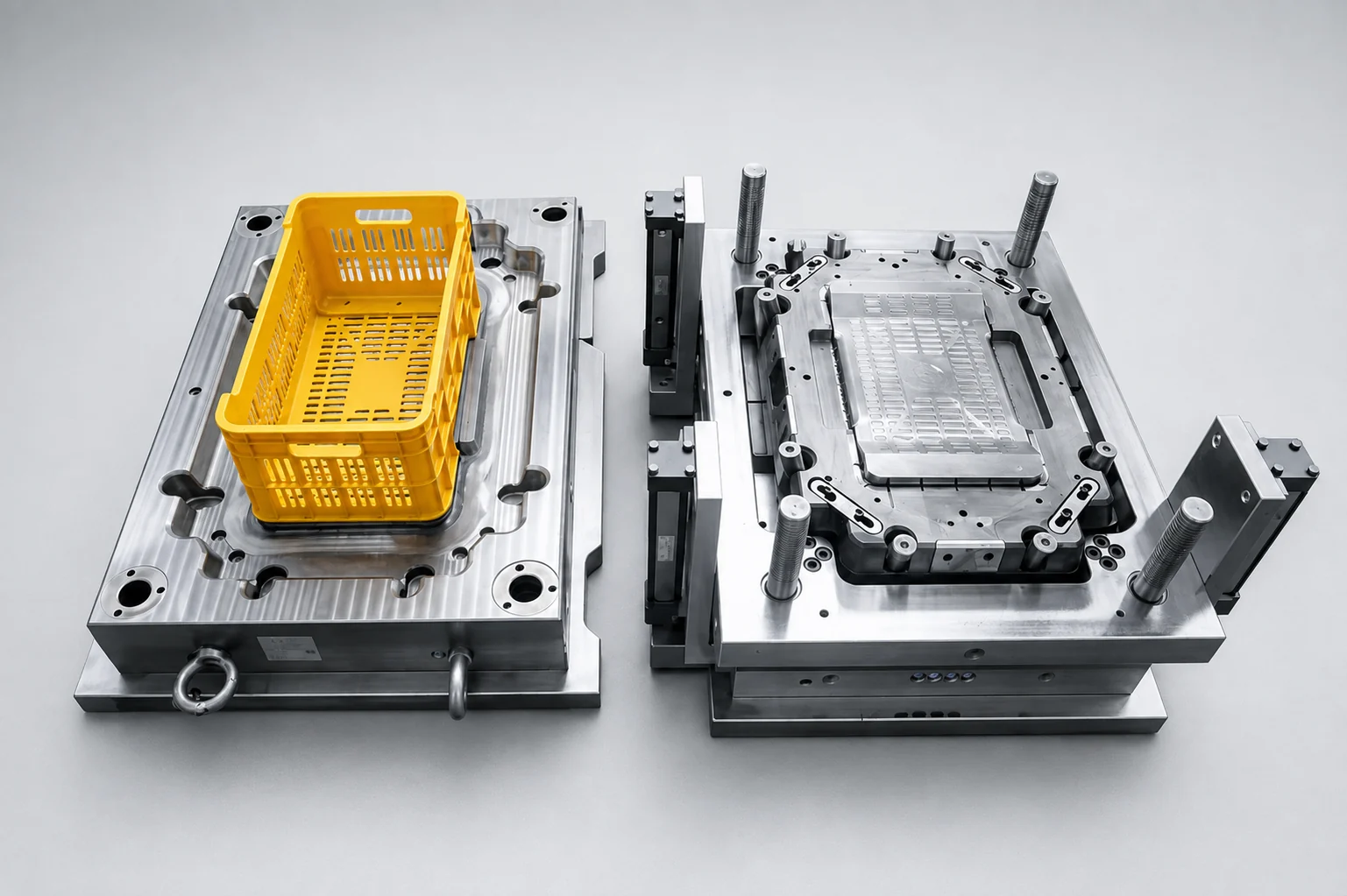 Fruit crate mold shown with a yellow ventilated crate sample