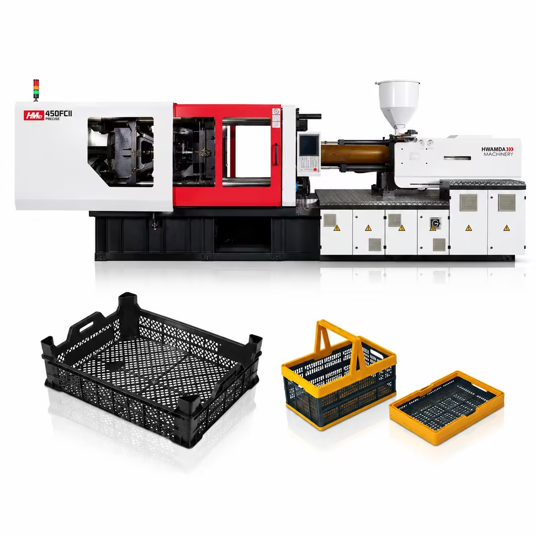 HWAMDA FCII injection molding machine with plastic crate and basket products