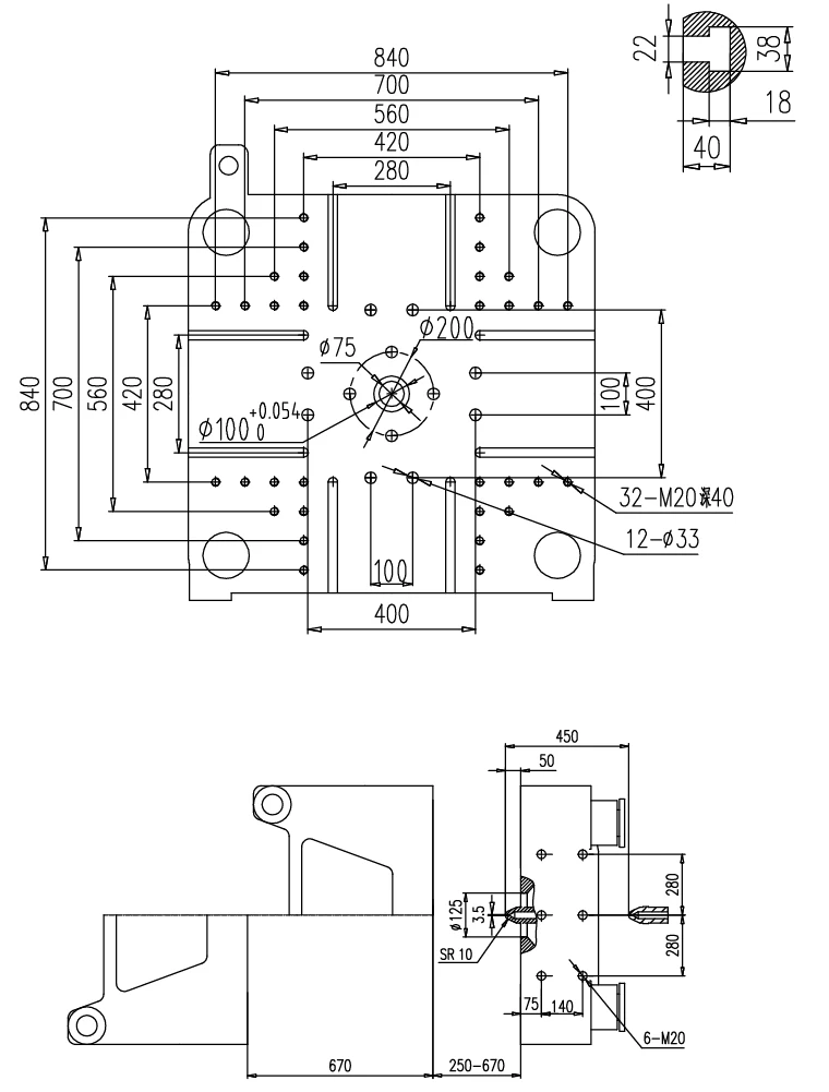 Injection molding machine platen and mold interface drawing