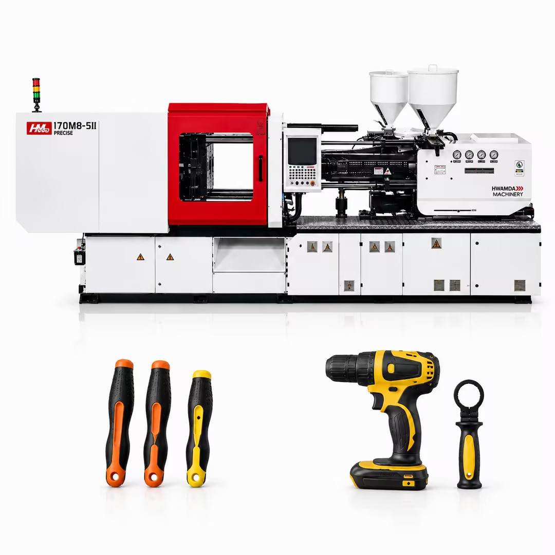 HWAMDA DP multi-material injection molding machine with molded product examples