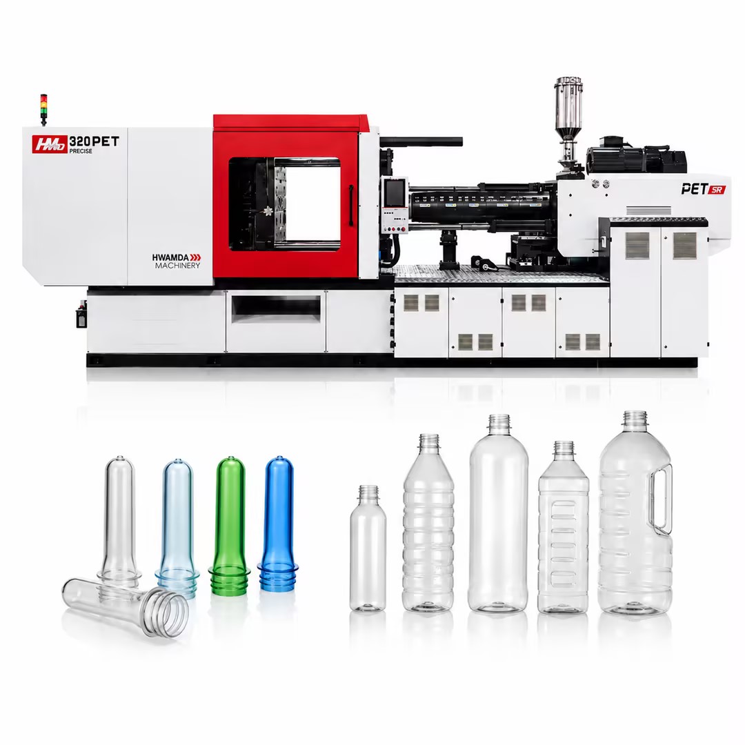 HWAMDA 320PET machine with PET preforms and bottles