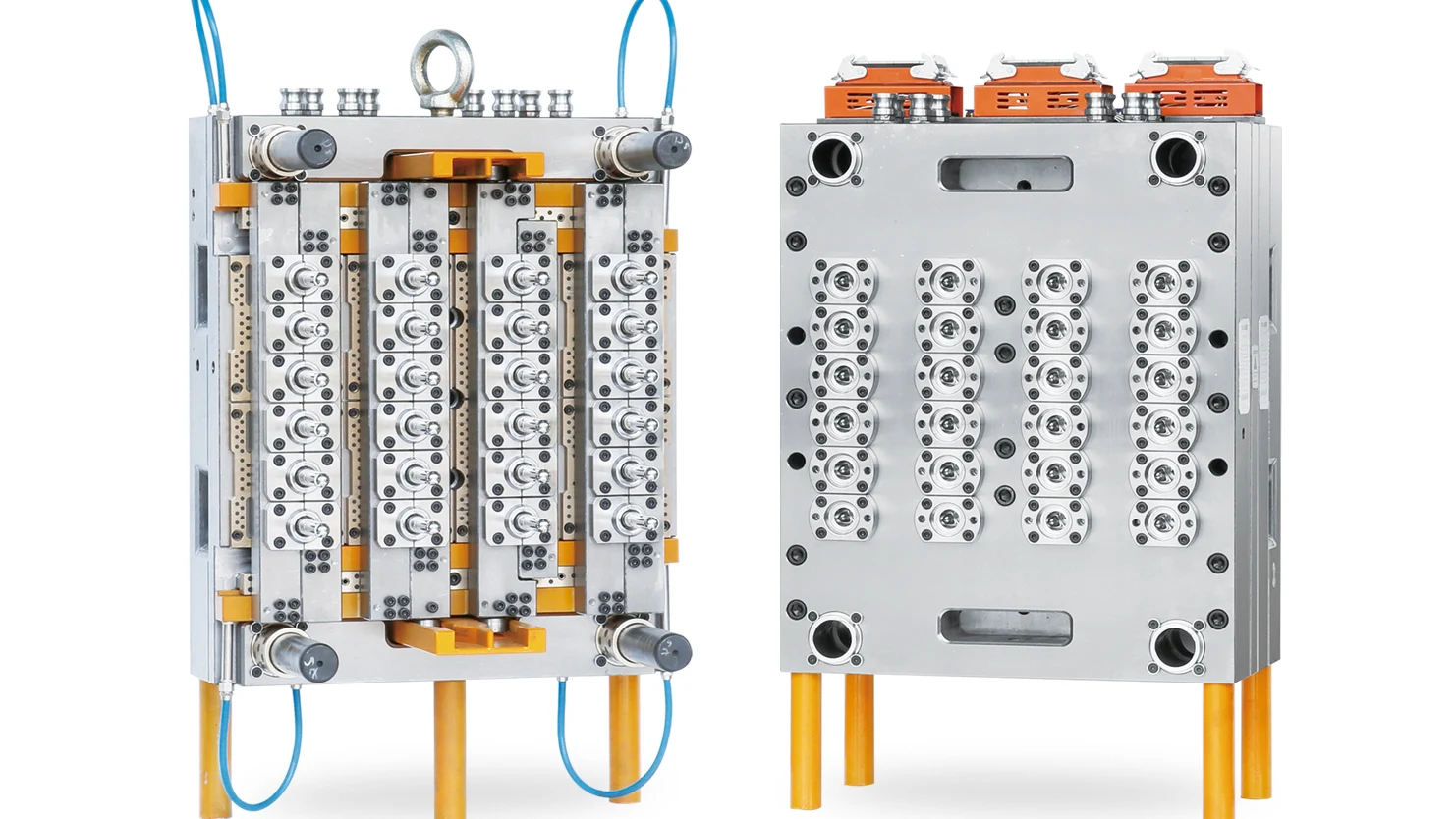 Open 24-cavity PET preform mold showing core and cavity sides